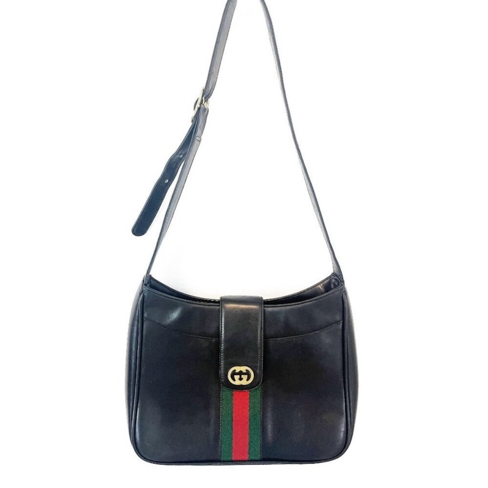 Authentic GUCCI Ophidia Logo Leather Vintage Shoulder Bag Purse Black